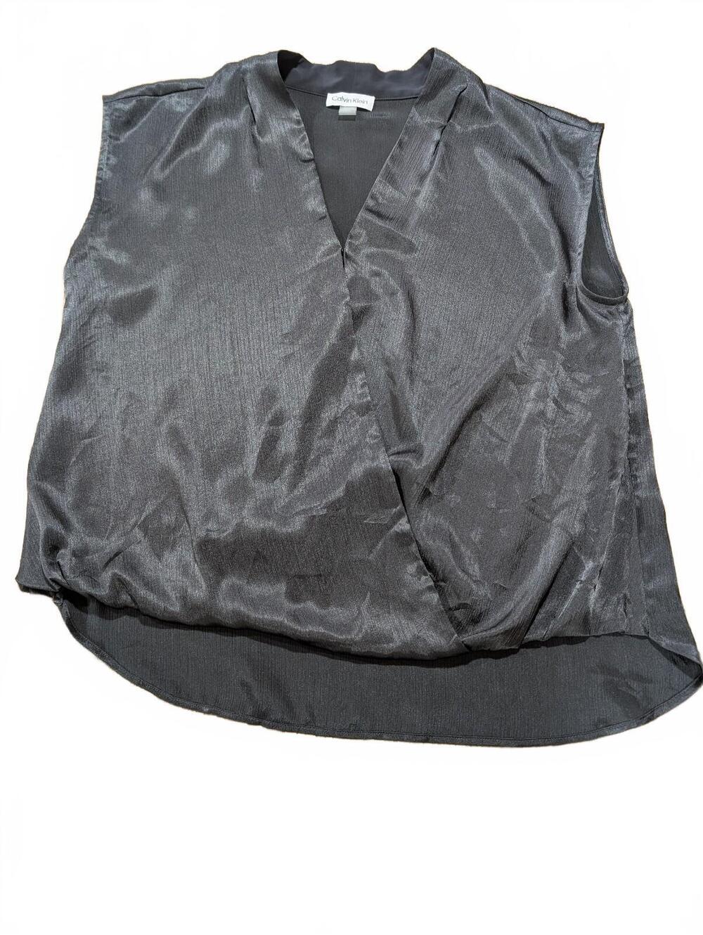 Calvin Klein Black Satin Faux Wrap Top Blouse Size L Flawless EUC